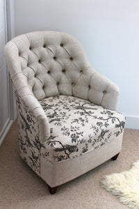 Linen deep buttoned reupholstered chair